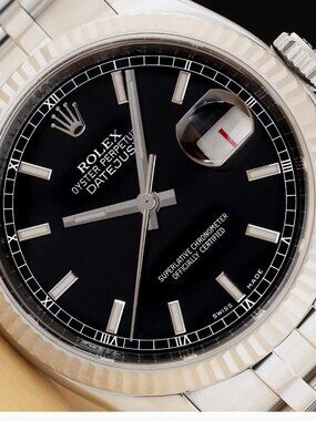 ROLEX MENS DATEJUST 36MM BLACK 18K GOLD STEEL WATCH WITH BOX